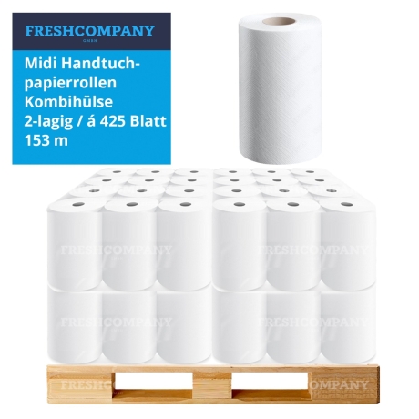 10 x 6 Midi Handtuchpapierrollen, Reinigungsrollen, Kombihülse, 2-lagig, à 425 Blatt, 153 m, 1 Palette
