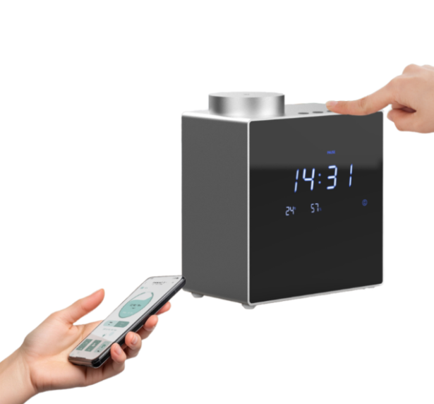 Aria Clock - Duftgerät Aroma-Diffuser mit Zeit-, Temperatur und Luftfeuchtigkeitsanzeige bis  80 m² 
