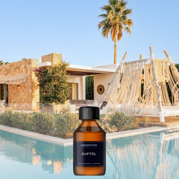 Ibiza Chic- Exquisite Room Fragrance von Infinitum - Frische Noten von Bergamotte und Aloe Vera, betont durch die holzige Facette von Feigenblättern und Sandelholz